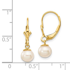 14k Real Yellow Gold 6-7mm White Round Freshwater Cultured Pearl Lever back Earrings fine designer jewelry for men and women