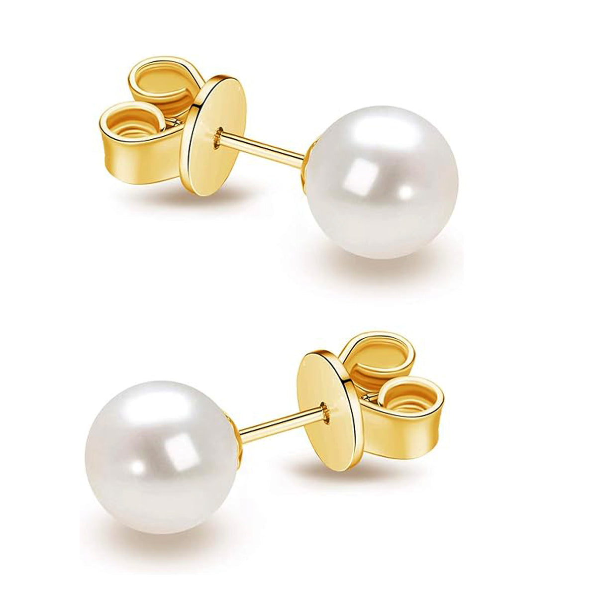 14K Real Yellow Gold 5-6mm White Near Round Freshwater Cultured Pearl Post Stud Earrings fine designer jewelry for men and women