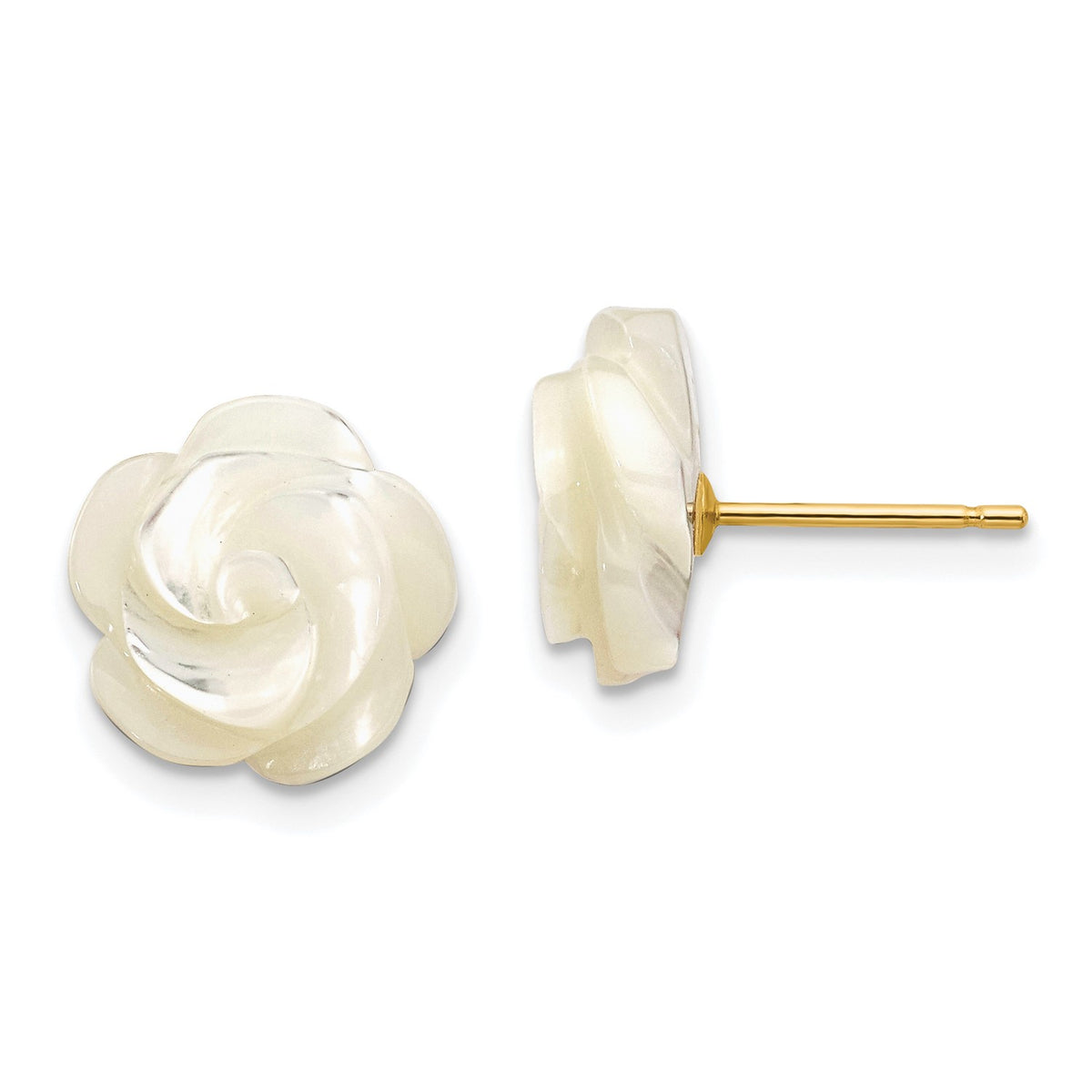 14k Yellow Real Gold Mother of Pearl Flower Stud Earrings, 10mm fine designer jewelry for men and women