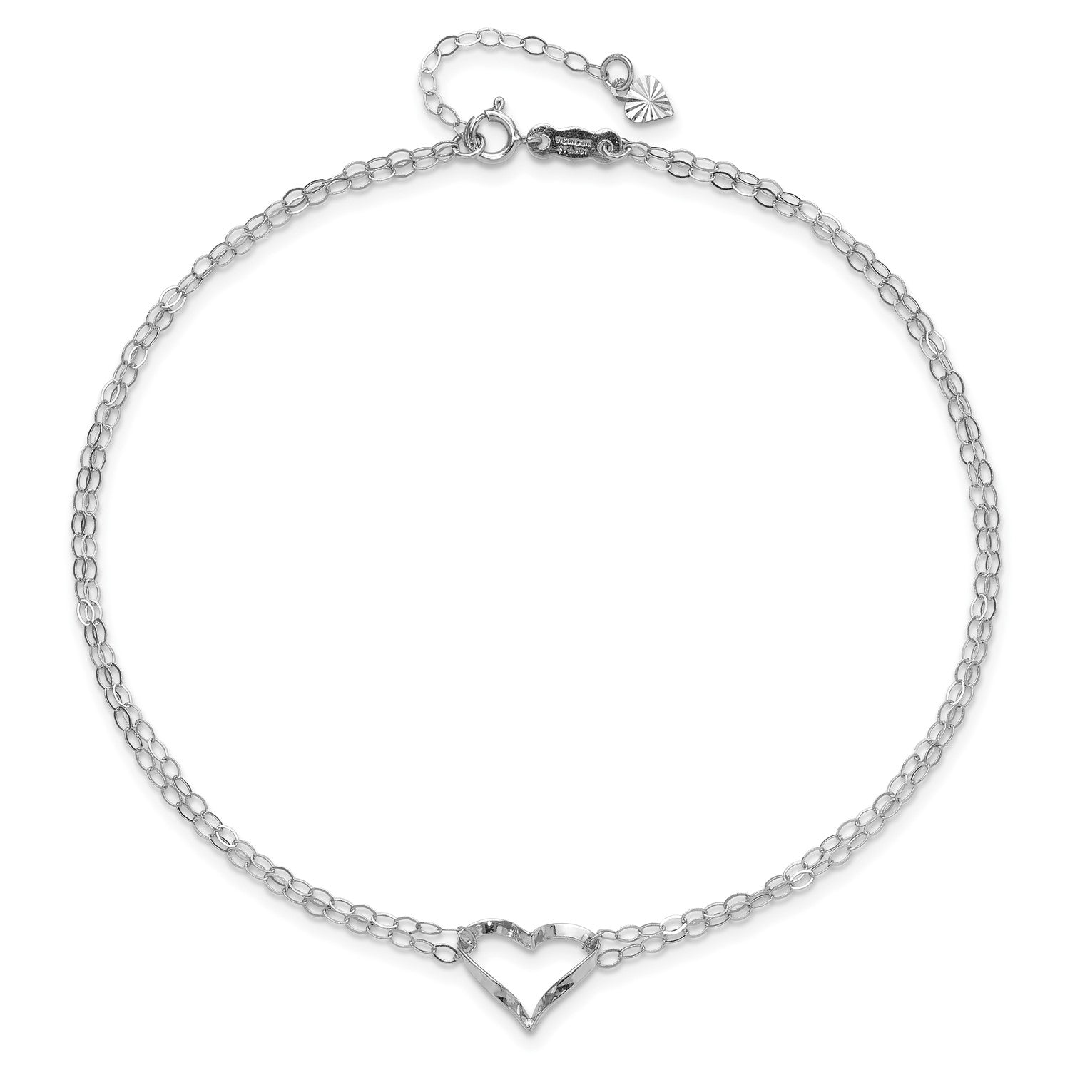 14k White Solid Gold Double Heart Charm Adjustable Anklet, "9 to10" fine designer jewelry for men and women