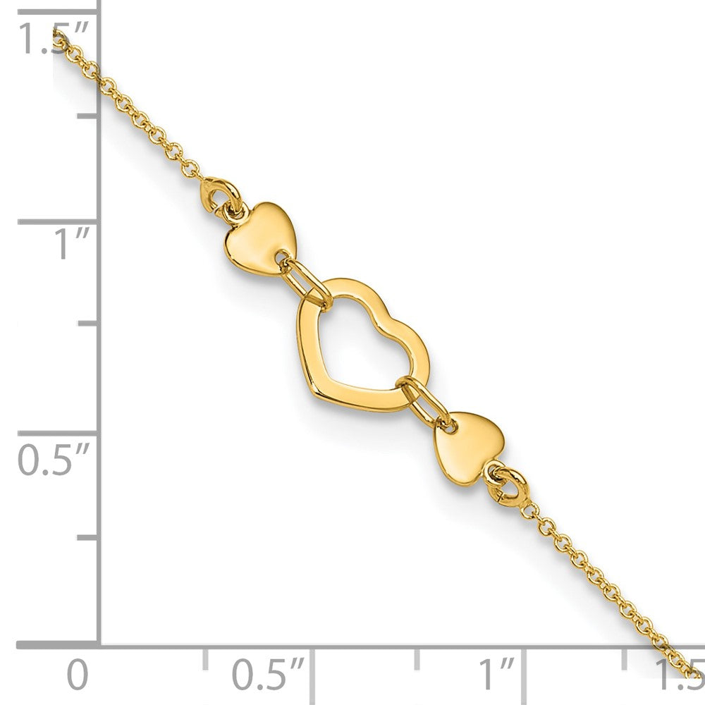 14k Solid Yellow Gold High Polished Heart Charm Adjustable Anklet, 10" to 10.75" fine designer jewelry for men and women