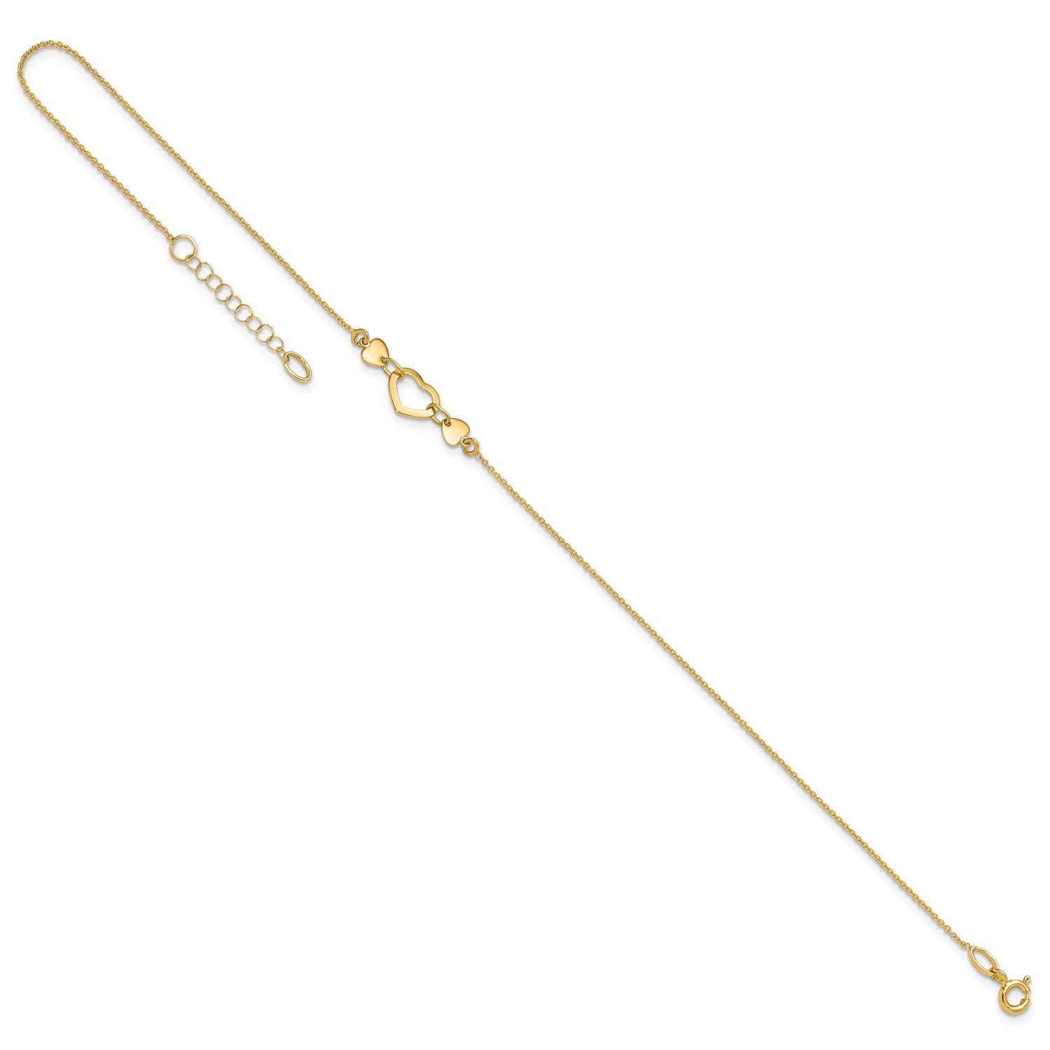 14k Solid Yellow Gold High Polished Heart Charm Adjustable Anklet, 10" to 10.75" fine designer jewelry for men and women