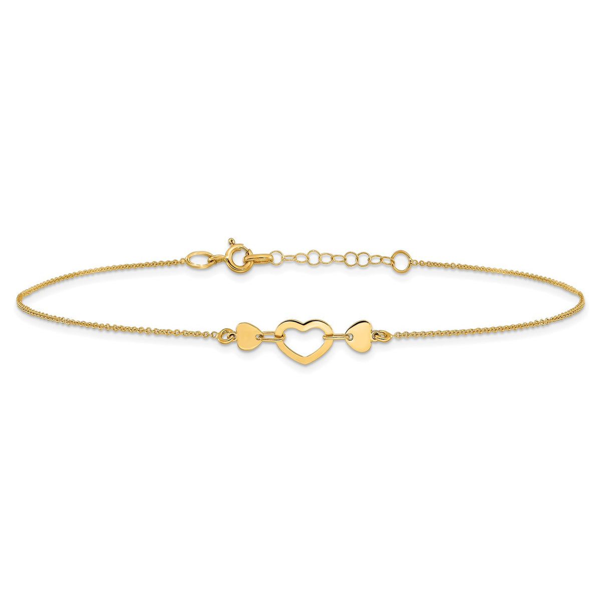 14k Solid Yellow Gold High Polished Heart Charm Adjustable Anklet, 10" to 10.75" fine designer jewelry for men and women