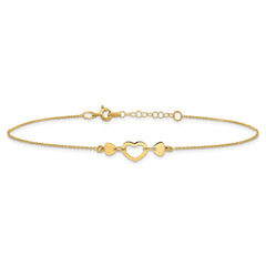 14k Solid Yellow Gold High Polished Heart Charm Adjustable Anklet, 10" to 10.75" fine designer jewelry for men and women