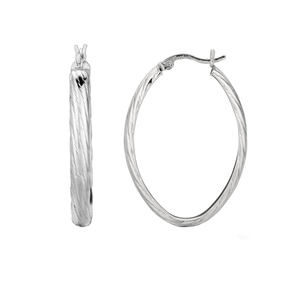 Sterling Silver Rhodium Finish Shiny Textured Finish Oval Hoop Earring ...