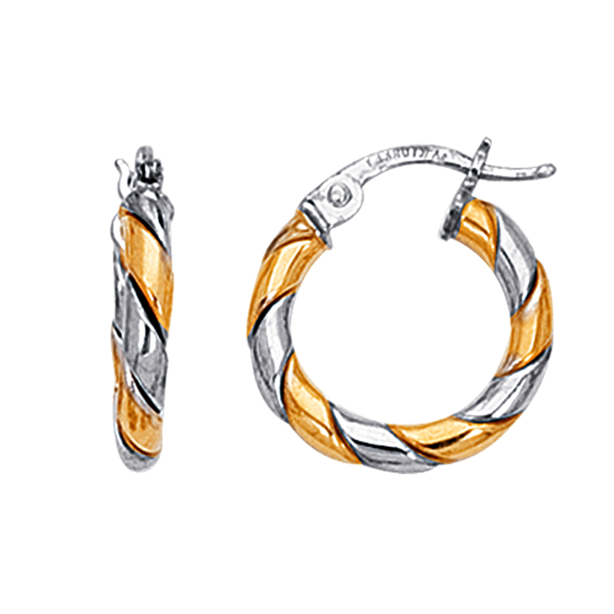 14K Yellow And White Gold Two Tone Small Twisted Hoop Earrings, Diameter 17mm fine designer jewelry for men and women