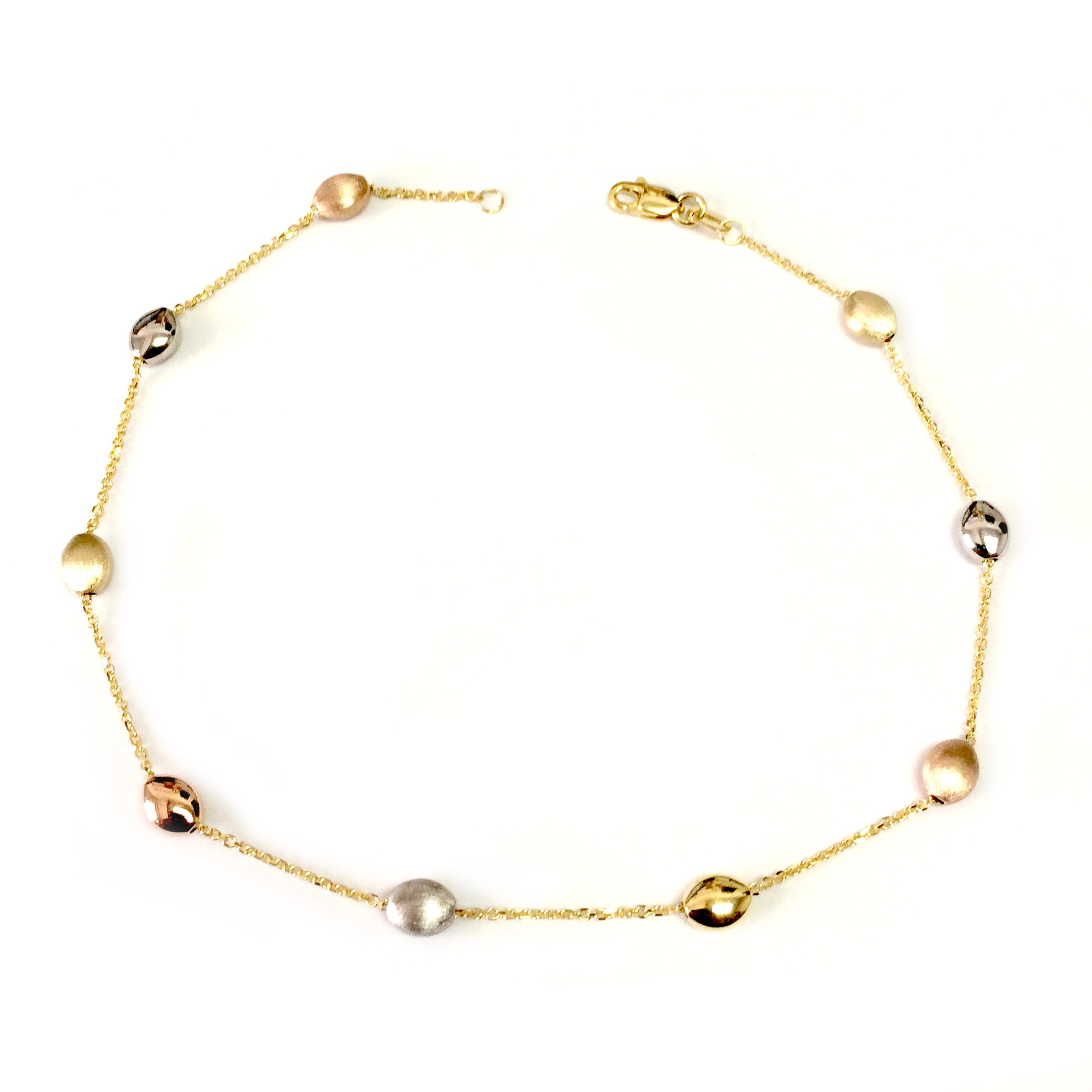 14K Yellow White And Rose Gold Charms Fancy Anklet, 10