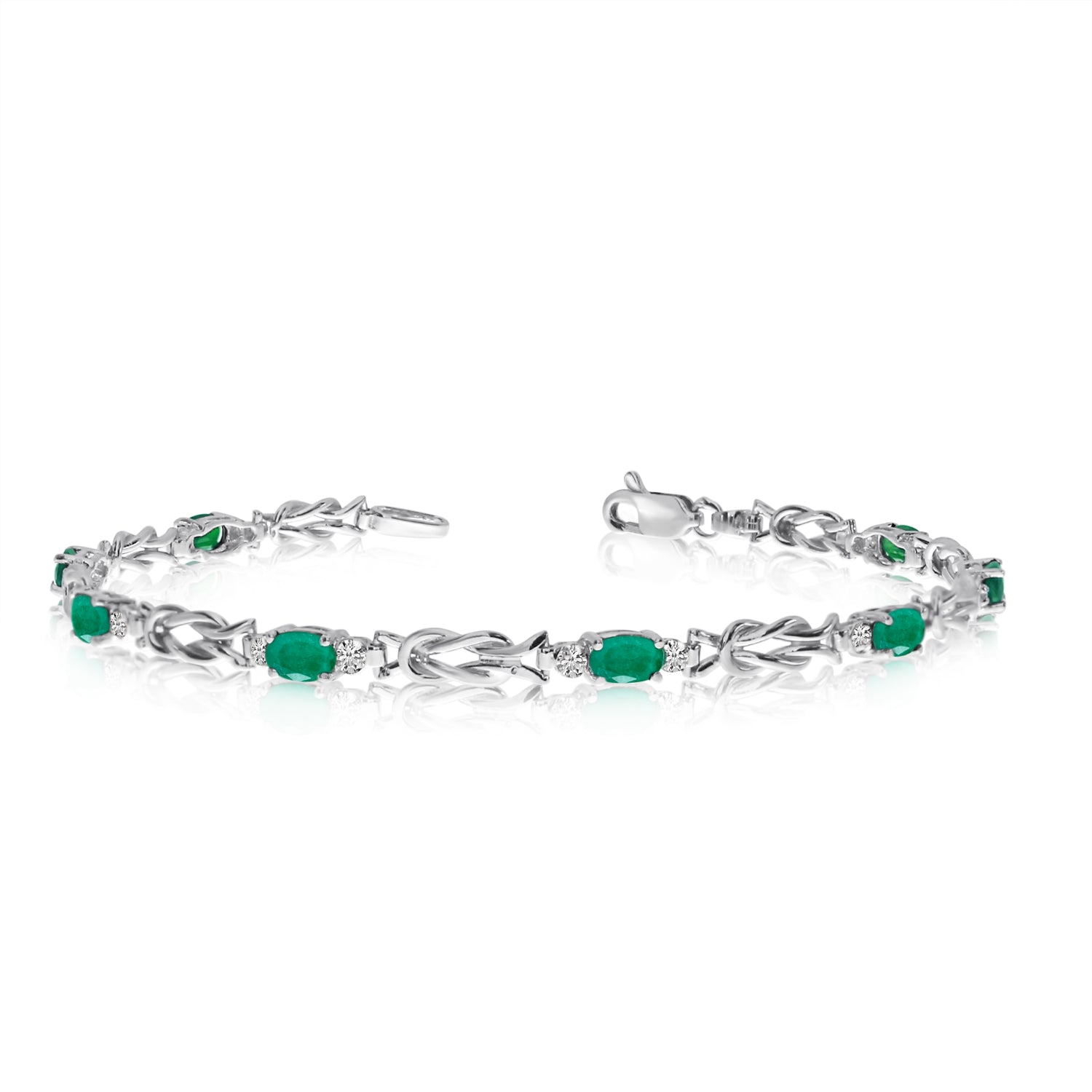 14K White Gold Oval Emerald Stones And Diamonds Tennis Bracelet, 7" fine designer jewelry for men and women