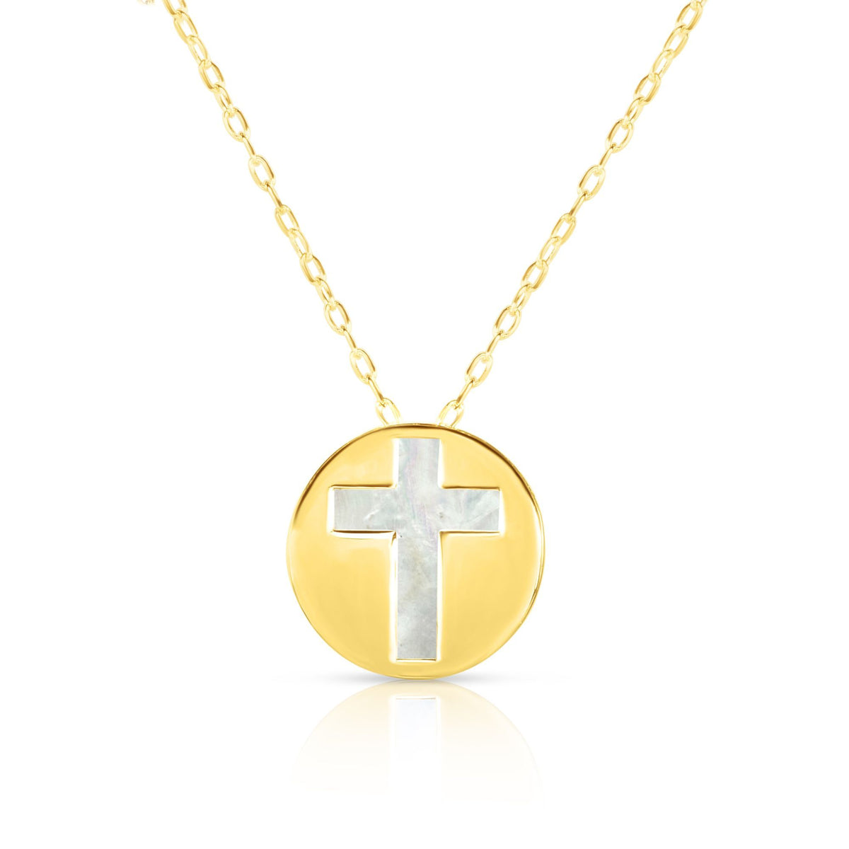 14K Yellow Gold Mother Of Pearl Cross Pendant Necklace, 16" fine designer jewelry for men and women